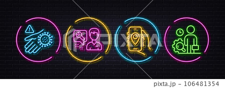 Wash hand, Repairman and Location app minimal line icons. Neon laser 3d lights. Inspect icons. For web, application, printing. Hand with coronavirus, Repair service, Smartphone navigation. Vector 106481354