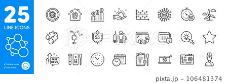 Outline icons set. Integrity, Dot plot and Stop coronavirus icons. Calendar time, Motherboard, Covid test web elements. Wallet, Doctor, Time management signs. Calendar, Fake news, Coronavirus. Vector 106481374