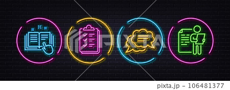 Text message, Checklist and Technical documentation minimal line icons. Neon laser 3d lights. Job interview icons. For web, application, printing. Chat bubble, Questioning clipboard, Manual. Vector Text message, Checklist and Technical documentation minimal line icons. Neon laser 3d lights. Job interview icons. For web, application, printing. Chat bubble, Questioning clipboard, Manual. Vector 106481377