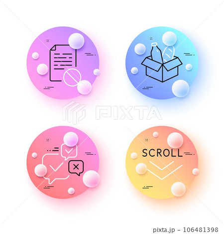 Food donation, Scroll down and Online voting minimal line icons. 3d spheres or balls buttons. Wrong file icons. For web, application, printing. Charity meal, Swipe screen, Internet chat. Vector 106481398