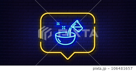 Neon light speech bubble. Cooking add water line icon. Bowl sign. Food preparation symbol. Neon light background. Cooking water glow line. Brick wall banner. Vector 106481657