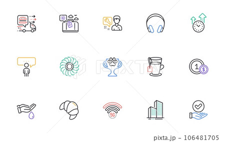 Skyscraper buildings, Time management and Wash hands line icons for website, printing. Collection of Repairman, Fan engine, Food delivery icons. Approved checkbox, Croissant. Vector Skyscraper buildings, Time management and Wash hands line icons for website, printing. Collection of Repairman, Fan engine, Food delivery icons. Approved checkbox, Croissant. Vector 106481705