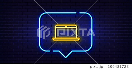 Neon light speech bubble. Laptop computer icon. Notebook sign. Portable personal computer symbol. Neon light background. Laptop glow line. Brick wall banner. Vector 106481728