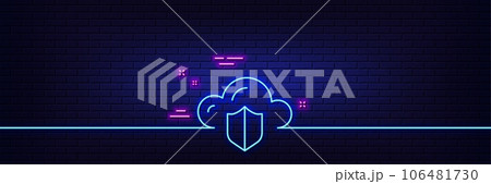 Neon light glow effect. Cloud computing protection line icon. Internet data storage sign. File hosting technology symbol. 3d line neon glow icon. Brick wall banner. Cloud protection outline. Vector 106481730
