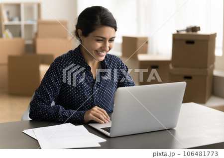 Cheerful happy Internet store manager working on commercial startup Cheerful happy Internet store manager working on commercial startup 106481773