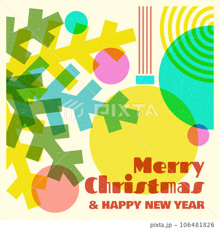 Colorful geometric shape background in trendy riso graph print texture style. Vector illustrator. Merry risograph christmas and happy new year modern background for design and card, covers, package Colorful geometric shape background in trendy riso graph print texture style. Vector illustrator. Merry risograph christmas and happy new year modern background for design and card, covers, package 106481826