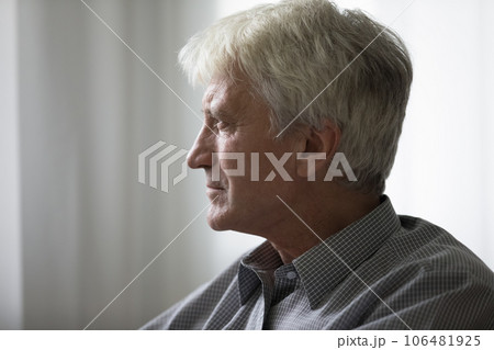 Thoughtful elder mature hoary man looking away in deep thoughts Thoughtful elder mature hoary man looking away in deep thoughts 106481925