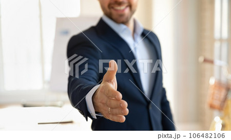 Portrait of smiling businessman stretch hand greeting 106482106