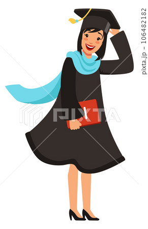 Female bachelor with university diploma. Happy cartoon student 106482182