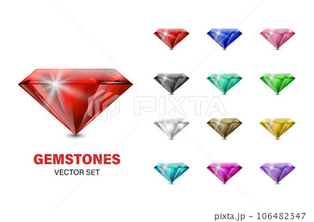 Vector 3d Realistic Colorful Gemstone Icons Set. Multicolored Diamond, Crystal, Rhinestones Closeup Isolated on White Background. Jewerly Concept. Design Template of Gemstones, Gem Clipart Vector 3d Realistic Colorful Gemstone Icons Set. Multicolored Diamond, Crystal, Rhinestones Closeup Isolated on White Background. Jewerly Concept. Design Template of Gemstones, Gem Clipart 106482347