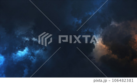 3D rendering of thunderclouds with bright lightning flashes 3D rendering of thunderclouds with bright lightning flashes 106482381