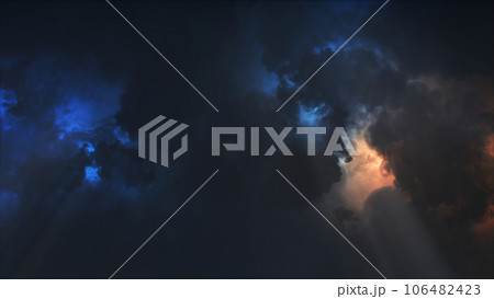 3D rendering of thunderclouds with bright lightning flashes 106482423