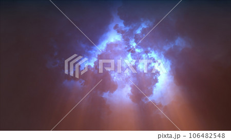 3D rendering of thunderclouds with bright lightning flashes 106482548