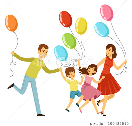 Family holiday characters with balloons. Happy parents and kids running together Family holiday characters with balloons. Happy parents and kids running together 106483619