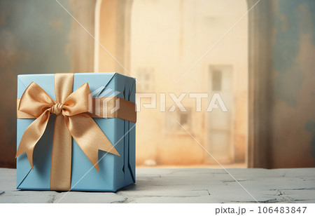 Blue gift box with beige bow on beige blue background. Generative AI 106483847