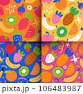 Tropical fruit patterns, banana fruit, kiwi, pineapple, strawberry, stylized illustrations, colorful abstract prints, collection of seamless patterns 106483987