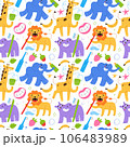 Animals clean teeth with tooth brush, toothpaste for children with fruit taste, oral hygiene, cute lion, giraffe, seamless pattern, repeat tile 106483989