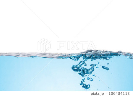 Clean light blue water wave and bubbles air isolated on white background 106484118