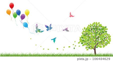 新緑の中、飛び立つ鳥 106484629