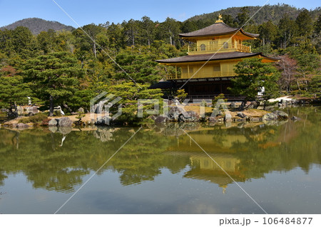 日本の春の京都　世界遺産の金閣寺　金色に輝く舎利殿　美しい青空と鹿苑寺庭園　岩に佇む大きな鳥 106484877