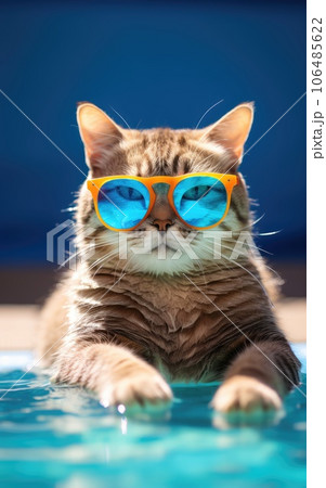Funny fluffy cat in sunglasses is relaxing in the pool while on vacation in the tropics. Vacation and travel concept. cat in sunglasses Funny fluffy cat in sunglasses is relaxing in the pool while on vacation in the tropics. Vacation and travel concept. cat in sunglasses 106485622
