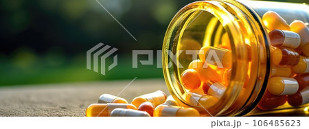 medical pills pouring out of a bottle. medical soft drugs. medicine, drugs for treatment. medical pills pouring out of a bottle. medical soft drugs. medicine, drugs for treatment. 106485623