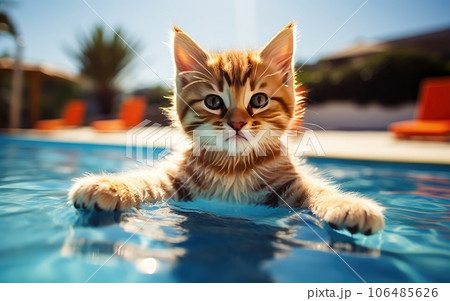 Funny fluffy cat in sunglasses is relaxing in the pool while on vacation in the tropics. Vacation and travel concept. cat in sunglasses 106485626