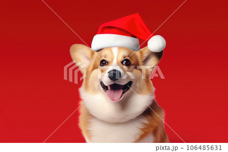 Portrait of a corgi in a New Year's red Santa Claus hat on a red background in the studio. Creative. The concept of Christmas and holidays. New Year's celebration. Portrait of a corgi in a New Year's red Santa Claus hat on a red background in the studio. Creative. The concept of Christmas and holidays. New Year's celebration. 106485631