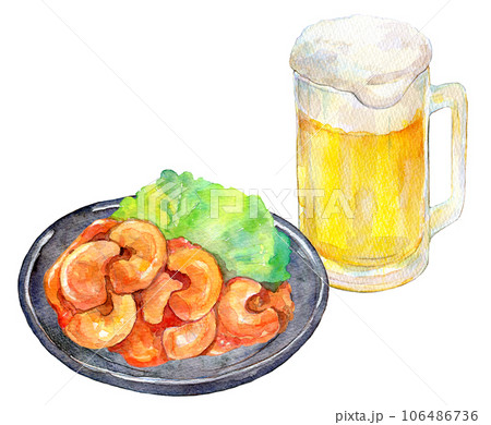 エビチリと生ビールのセット　水彩イラスト 106486736