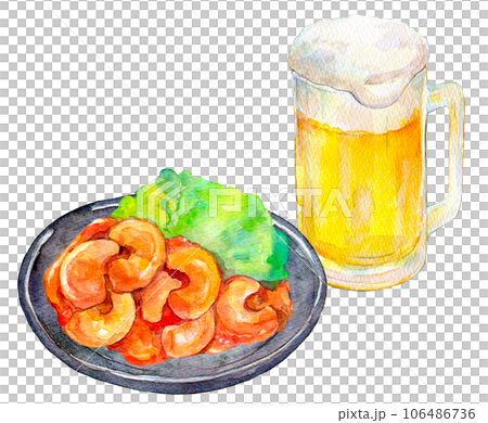 Shrimp chili and draft beer set watercolor illustration 106486736