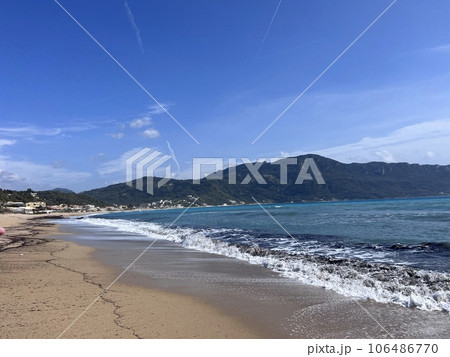 Sunrise on Glyfada beach in Corfu, Greece.  106486770