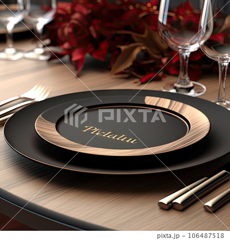 a table setting with black plates and silverware, gold placemats and red flowers in the centerpiece 106487518