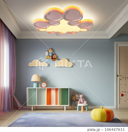 a child's room with blue walls, wooden flooring and an orange cloud shaped light fixture on the ceiling a child's room with blue walls, wooden flooring and an orange cloud shaped light fixture on the ceiling 106487631