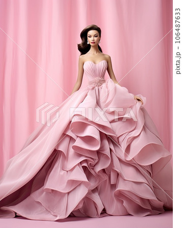 a woman wearing a pink wedding dress with ruting on the skirt and top, standing in front of a pink backdrop a woman wearing a pink wedding dress with ruting on the skirt and top, standing in front of a pink backdrop 106487633