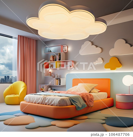 a kid's bedroom with clouds on the ceiling and colorful rugs around the bed, as well in this image 106487706