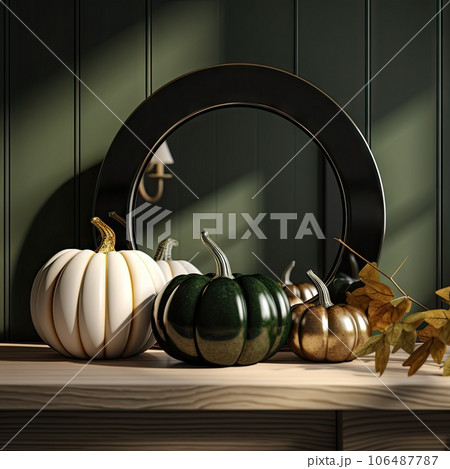 pumpkins and gourds in front of a mirror on a shelf with green painted wood paneled walls pumpkins and gourds in front of a mirror on a shelf with green painted wood paneled walls 106487787