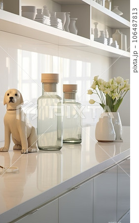 a dog sitting on the kitchen counter with bottles and vases in front of it that have been painted white a dog sitting on the kitchen counter with bottles and vases in front of it that have been painted white 106487813