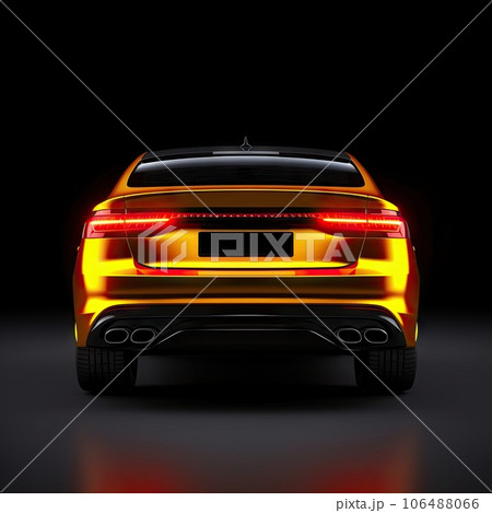 the rear end of a yellow sports car with its lights turned to look like it's driving on a black background 106488066