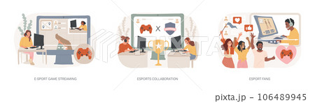 Video game show isolated concept vector illustration set. E-sport game streaming, eSports collaboration, fan club and community, computer game, champion league, global entertainment vector concept. 106489945