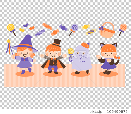 ハロウィンの仮装をする子供たちとお菓子の装飾イラスト素材 106490673