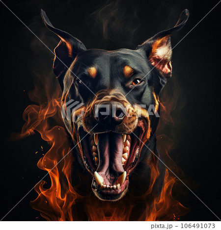 Image of angry black dog face and flames on dark background. Pet. Illustration, Generative AI. 106491073