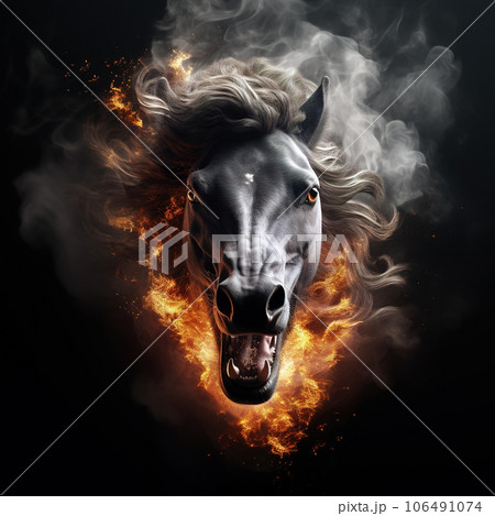 Image of angry horse face and flames on dark background. Wildlife Animals. Illustration, Generative AI. 106491074