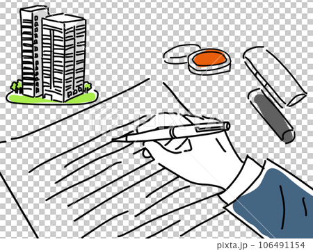 Hand simple line drawing to sign an apartment contract Hand simple line drawing to sign an apartment contract 106491154