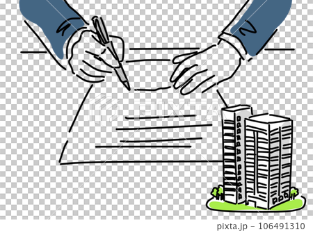 マンションの契約書にサインする手のシンプル線画 マンションの契約書にサインする手のシンプル線画 106491310