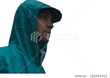 Depressive concept with lonely man in raincoat standing on wet road under rain close up isolated Depressive concept with lonely man in raincoat standing on wet road under rain close up isolated 106491441