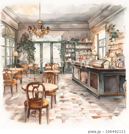 エレガントなカフェの水彩イラスト Generative AIのイラスト素材