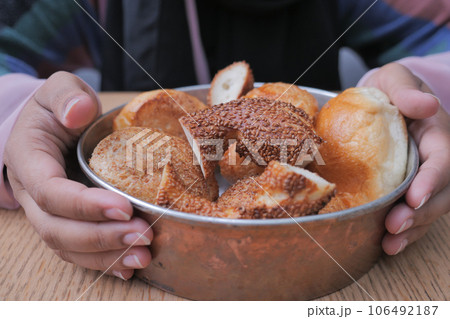 Turkish Bagel Simit in a bowl on table  106492187