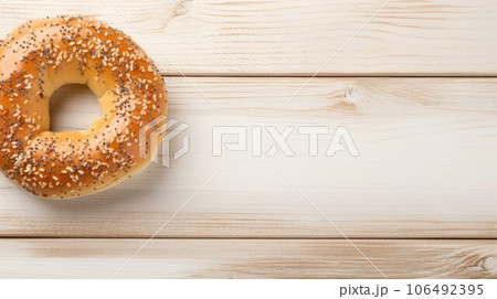 Freshly Baked Bagel Bread Photorealistic Horizontal Background. Crusty Pastry, Gourmet Bakery. Ai Generated Backdrop with Copyspace. Traditional Bagel Bread. 106492395