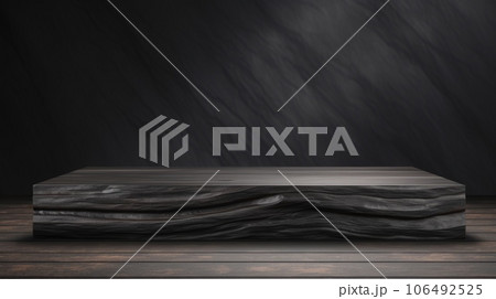 Wooden Shou Sugi Ban Abstract Minimalistic Product Podium. The Scene for Product Presentation. 3D Room with Geometric Platform Stage Pedestal. Ai Generated Podium Mockup for a Product advertisement. 106492525