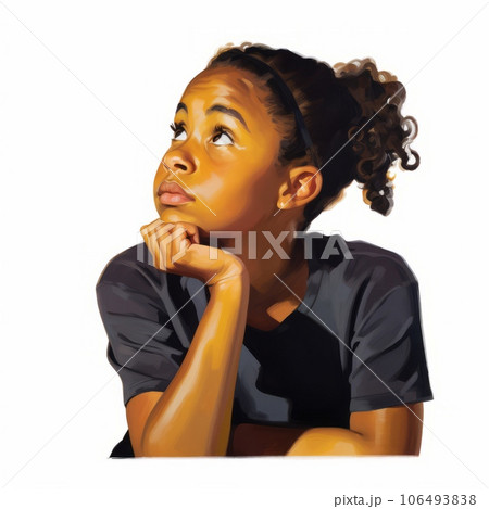 Black girl in thinking and doubts pose photorealistic illustration. Female character with dreamy face on abstract background. Ai generated realistic bright poster. 106493838